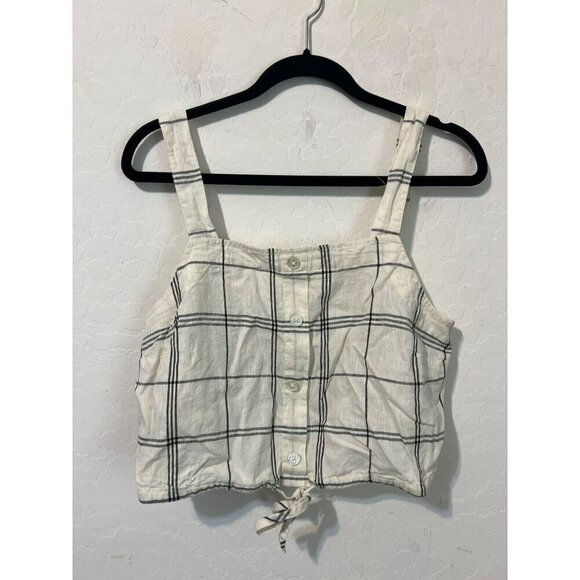 A New Day Linen Blend Crop Cami Tank Top Sz L Button Down Tie Front Windowpane P - Picture 1 of 5